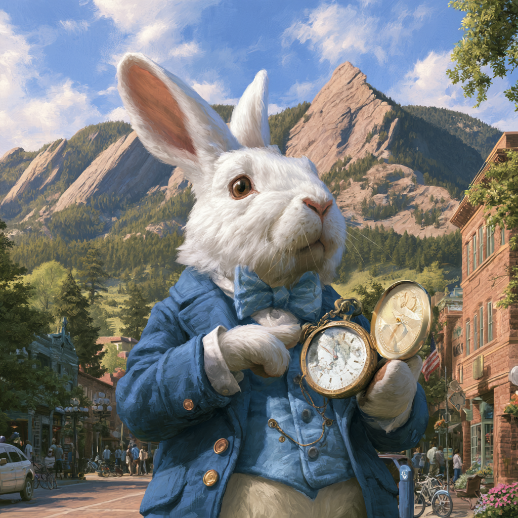 The White Rabbit on Pearl Street in Boulder, checking his pocket watch, the Flatirons behind him