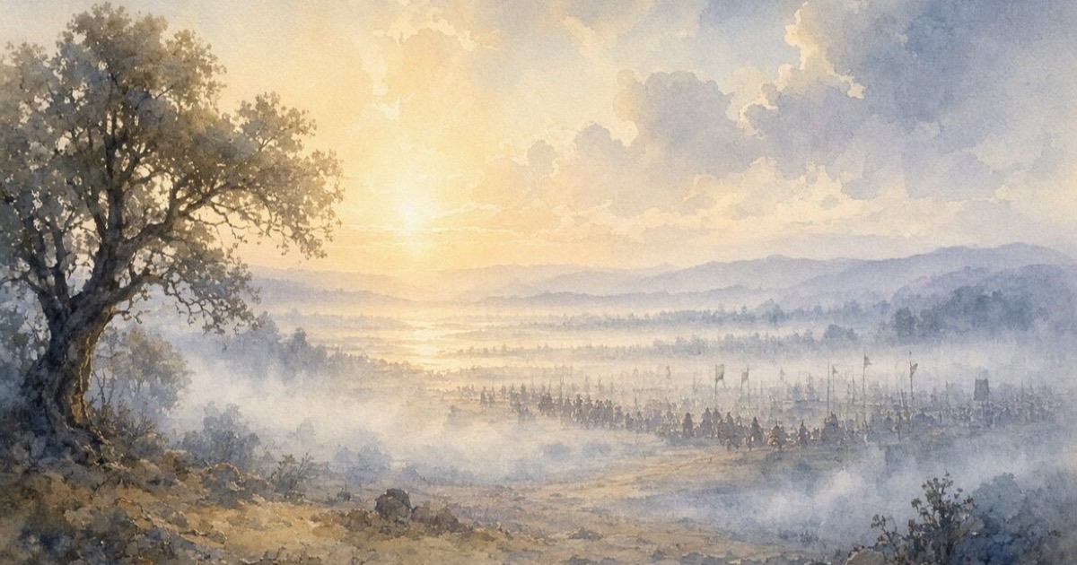 A misty battlefield at dawn, two armies drawn up beneath a wide pale sky